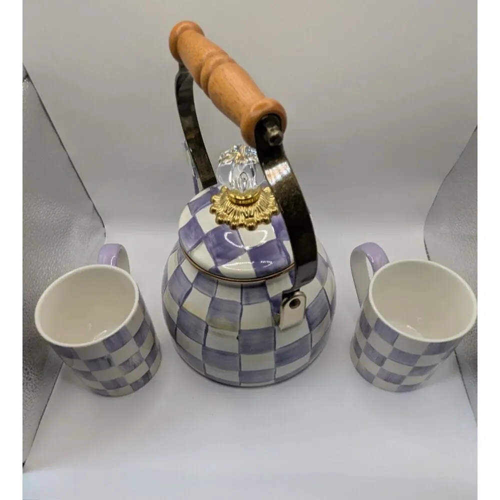 MacKenzie-Childs Violet Check 2 Qt Tea Kettle + 2 Mugs Purple Enamel New
